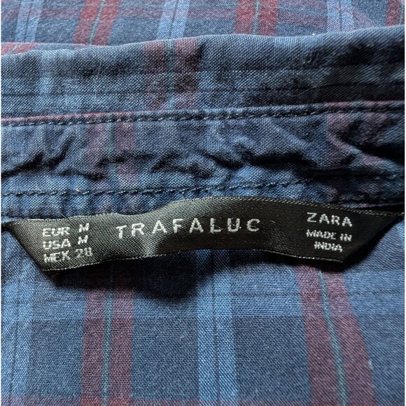 Zara Blue Plaid Blouse Size M Oversized Embellished Beaded Pocket Button Up Boho - Picture 4 of 10